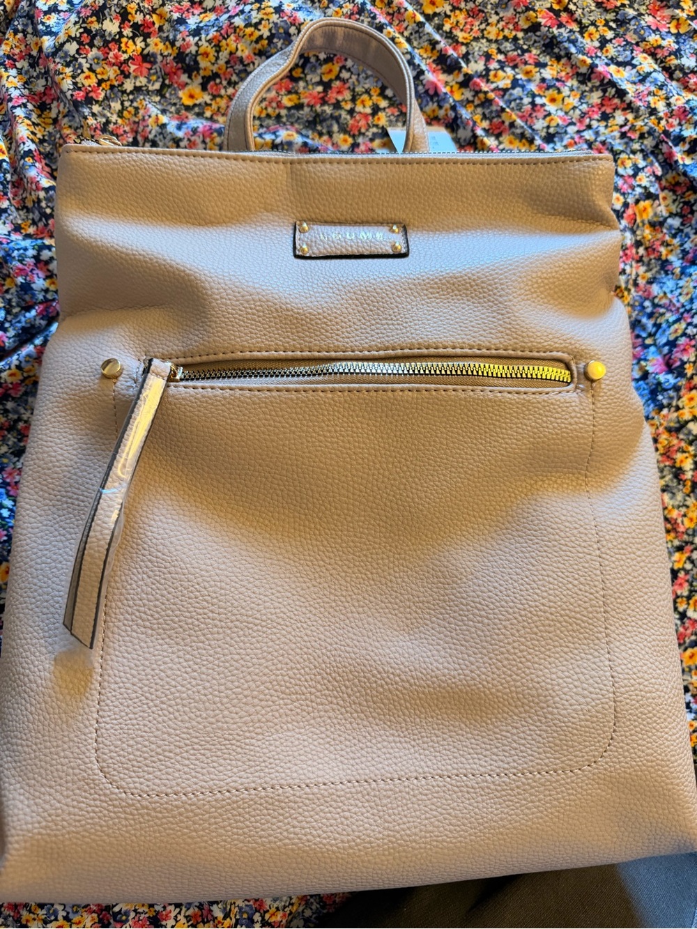 NWT Taupe Faux Leather Tote Backpack with Front Zip Pocket